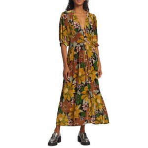Farm Rio Garden Floral Velvet Midi Puff Sleeve Cottagecore Dress Size XS NWT